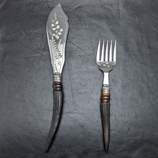 1899 British Antique Silver Plated Fish Server Set Deer Antlers Handle