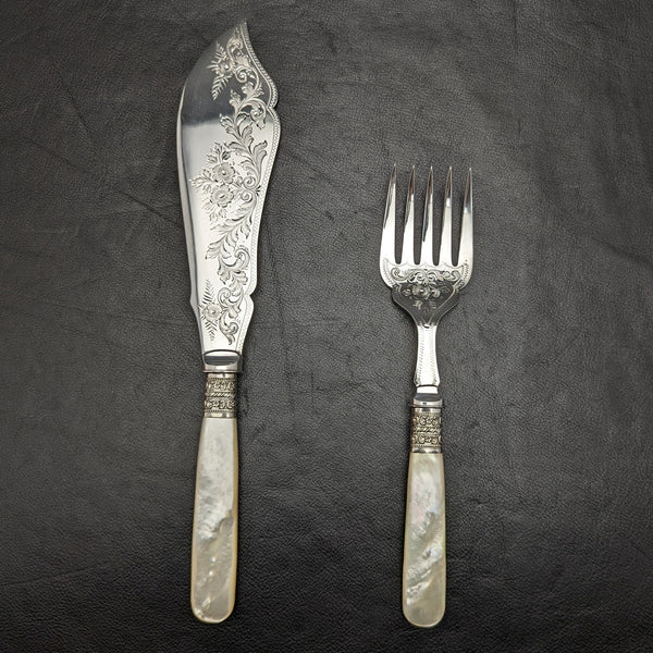 British antique silver plate fish server set white butterfly shell handle