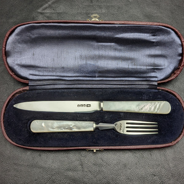 1915 British Antique Fruit Cutlery Set Sterling Silver Blade White Pearl Shell Handle BOX②