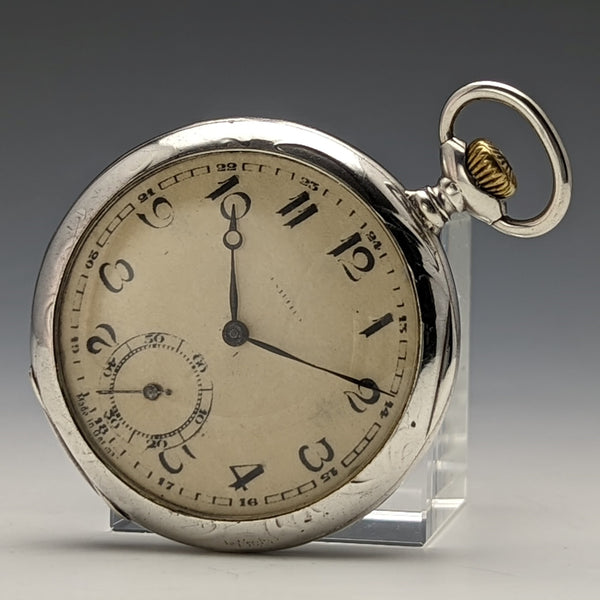 Antique Swiss-made pocket watch Engraved silver side open face Paper dial Works well