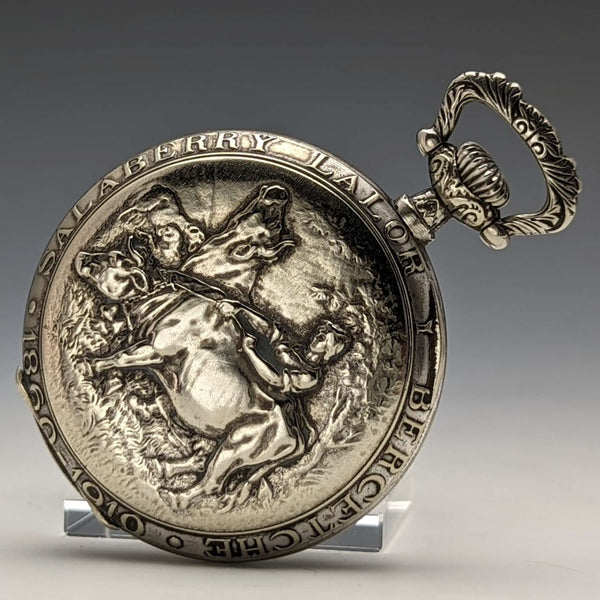 Antique Swiss made unsigned pocket watch with bull sculpture case works well