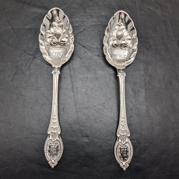 British Antique Silver Plate Berry Serving Spoon Pair