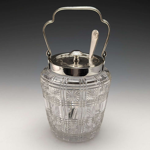 Tarro para mermelada de cristal tallado antiguo británico con tapa de plata chapada y cuchara