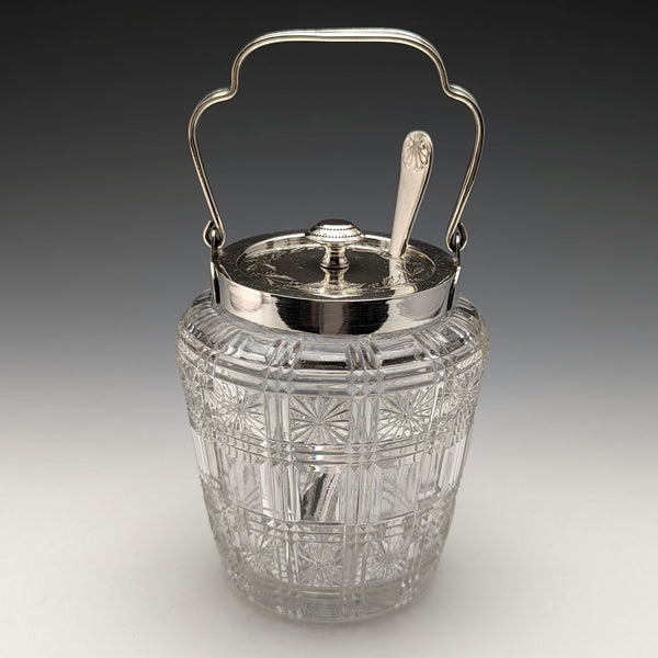 British antique cut glass jam pot silver plate lid with spoon