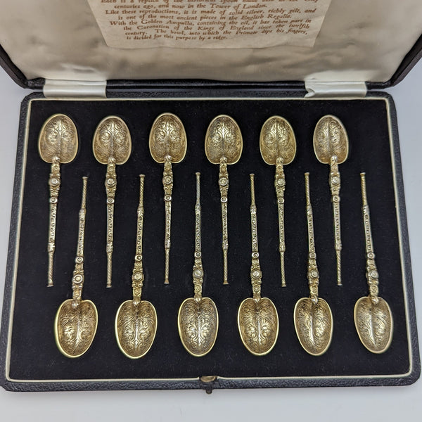 1936 British vintage sterling silver anointing spoon set of 12 in a case