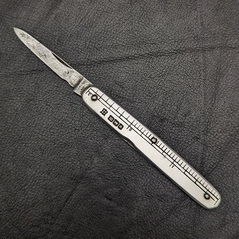 1904 British Antique Pure Silver Handle Folding Mini Knife with Ruler