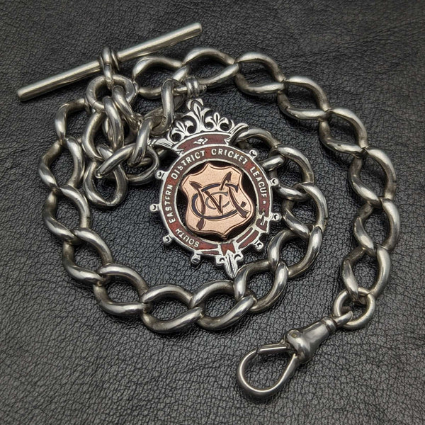 Around 1900 British Antique Sterling Silver Albert Chain 52g Sterling Silver Medal Fob