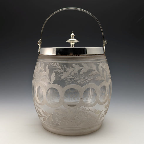 British vintage cut glass biscuit barrel silver plate lid 803g