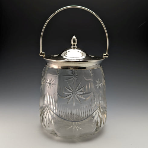 1930年頃 英国ヴィンテージ カットガラス ビスケットバレル シルバープレート蓋 1048g