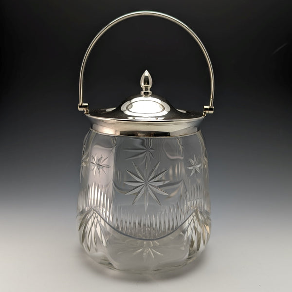 Around 1930 British vintage cut glass biscuit barrel silver plate lid 1048g