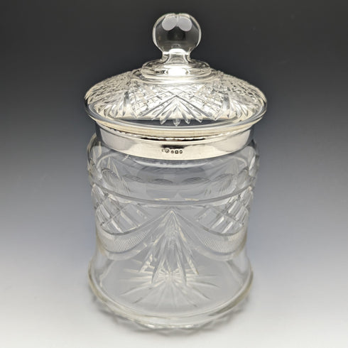 1928 British vintage cut glass biscuit barrel pure silver decoration 831g