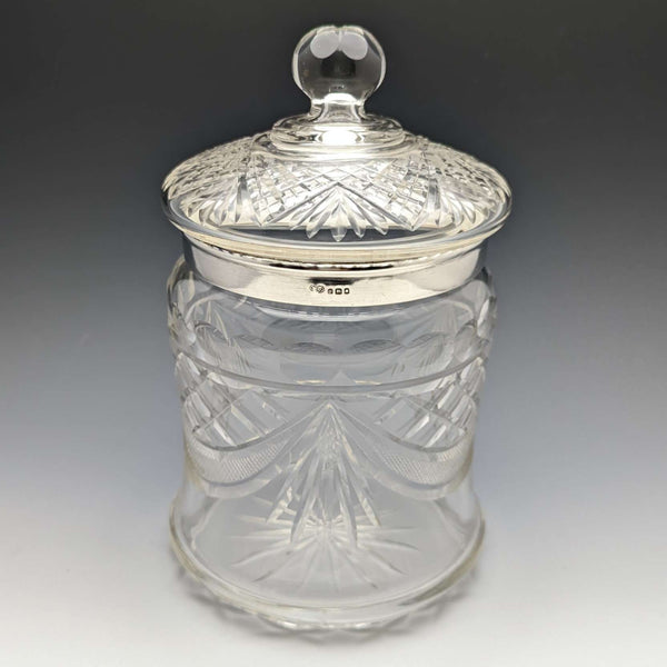 1928 英國復古切割玻璃餅乾桶純銀裝飾 831g