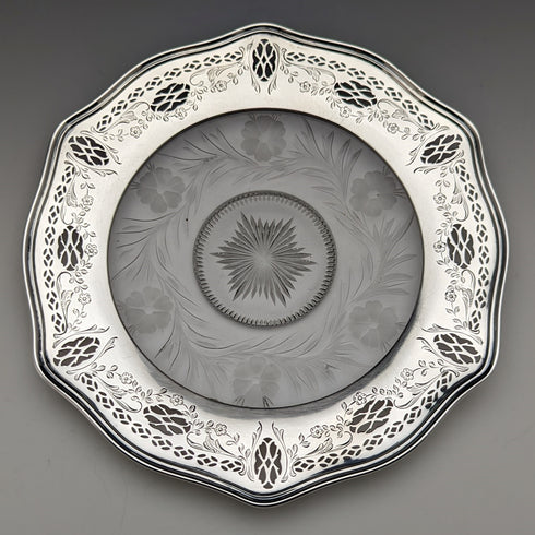 US vintage sterling silver rim decorated cut glass plate diameter 19cm