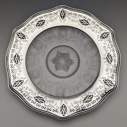 US vintage sterling silver rim decorated cut glass plate diameter 19cm