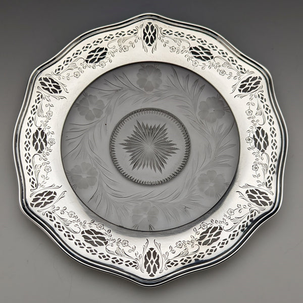 米国ヴィンテージ 純銀リム装飾 カットガラスプレート 直径19cm