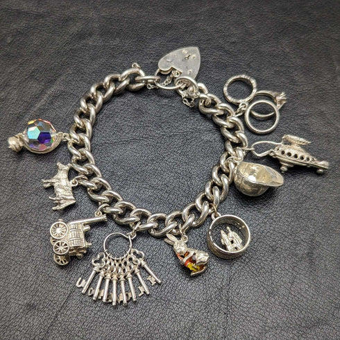 British vintage sterling silver charm bracelet 71g