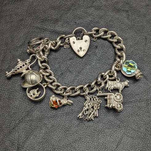 British vintage sterling silver charm bracelet 71g