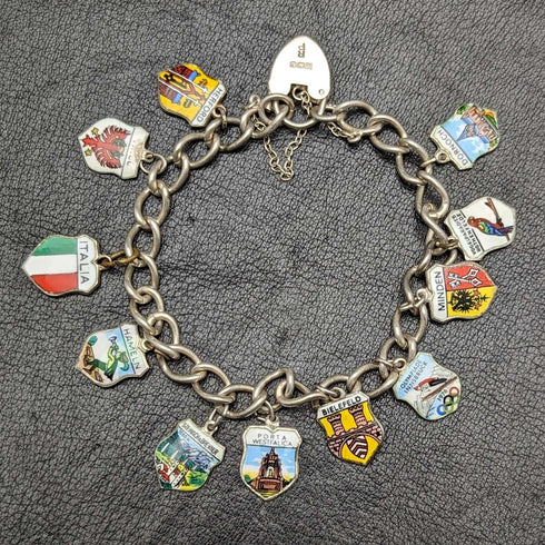 Pulsera de dijes de plata esterlina vintage británica, 23 g
