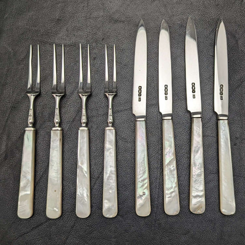 1925 British Vintage White Pearl Shell Handle Sterling Silver Blade Dessert Cutlery 4x2 Set