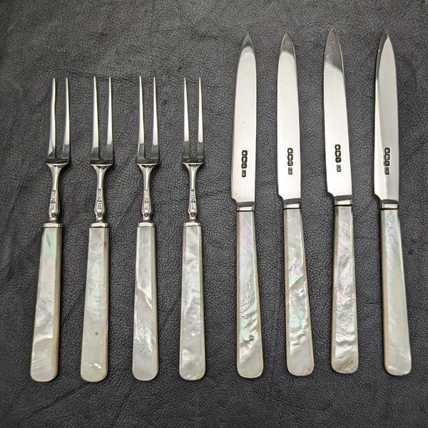 1925年 英国ヴィンテージ 白蝶貝ハンドル 純銀ブレード デザートカトラリー4x2セット