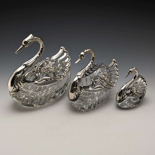 1972 British Vintage Swan Shape Sterling Silver & Cut Glass Accessory Case Large Medium Small Set of 3