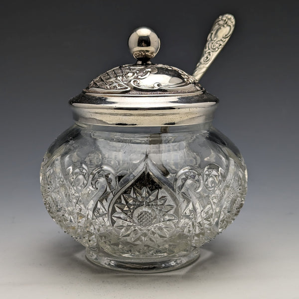 British antique cut glass jam pot silver plate lid & spoon