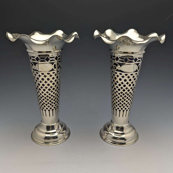1906 British Antique Sterling Silver Large Vase Pair Cobalt Inner