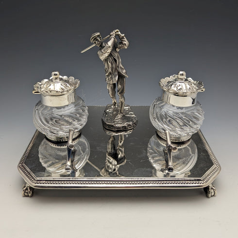British Vintage Silver Plated Golf Design Pen Stand & Inkwell Pair