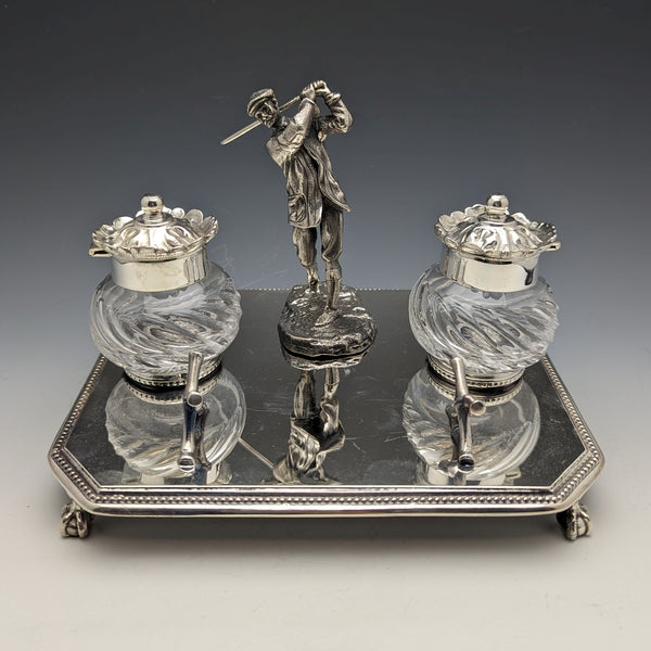 British Vintage Silver Plated Golf Design Pen Stand & Inkwell Pair