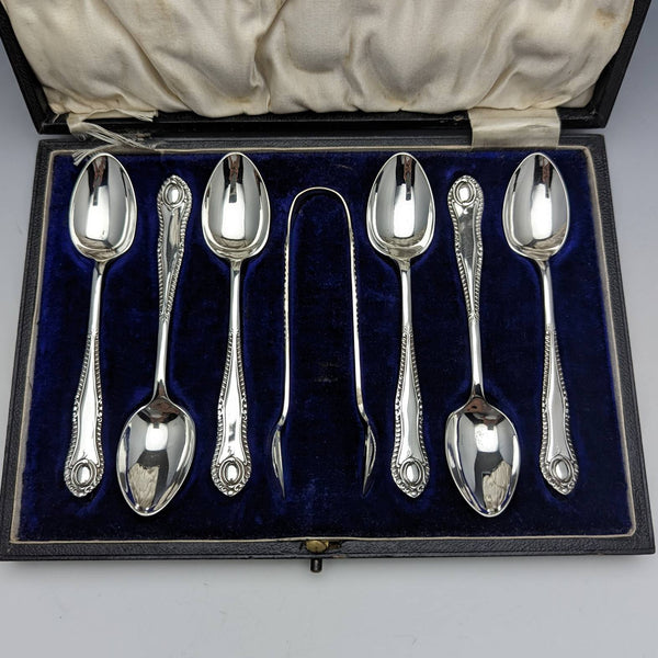 Around 1920 English antique silver plate 6 teaspoon & tongs set in case