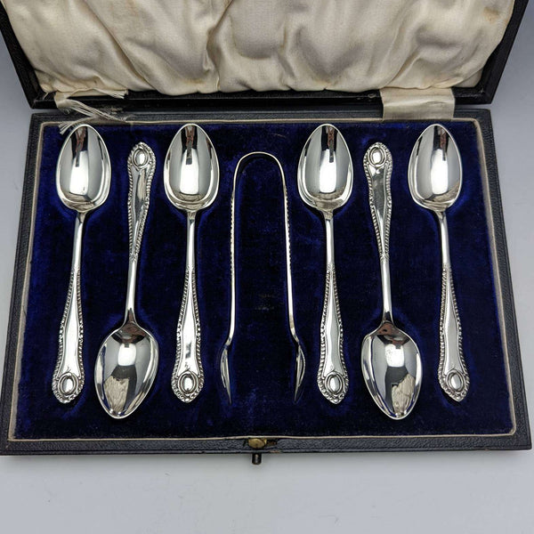 1920年頃 英国アンティーク シルバープレート製 ティースプーン6本&トングセット ケース入