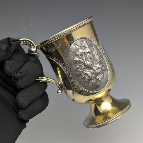 1867 年英國古董純銀金色裝飾花卉雕刻馬克杯 150 克
