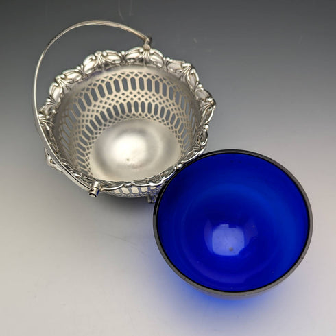 英国ヴィンテージ ブルーインナー シルバープレート製 バスケット