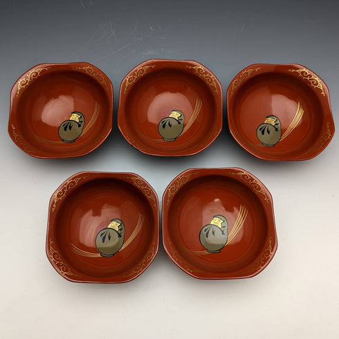 Japanese Antique Early Showa Period Daruma Pattern Nakatsuke Small Bowl Set of 5