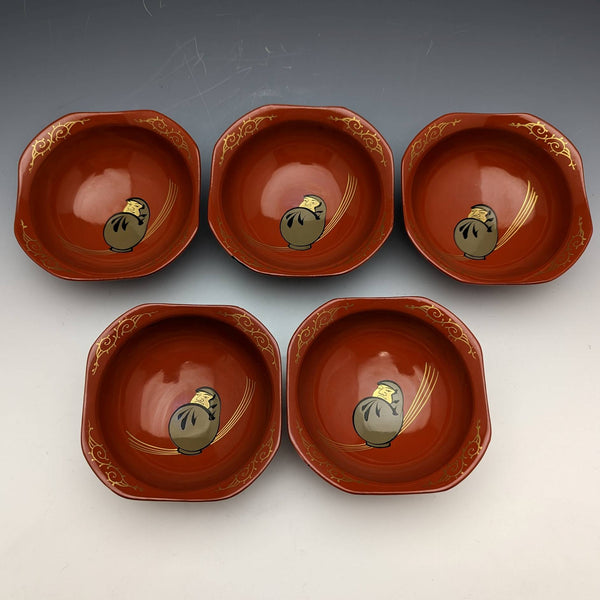Japanese Antique Early Showa Period Daruma Pattern Nakatsuke Small Bowl Set of 5