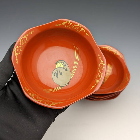 Japanese Antique Early Showa Period Daruma Pattern Nakatsuke Small Bowl Set of 5
