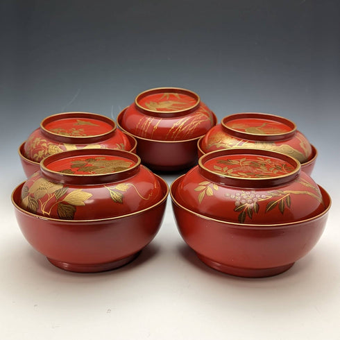 Japanese Antique Meiji Era Kyoto Lacquerware Soup Bowl with Lid Set of 5