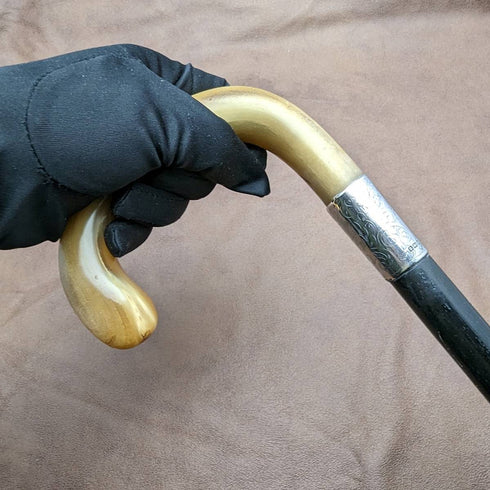 1919 British Antique Gentleman's Walking Stick with Curved Horn Handle 91cm