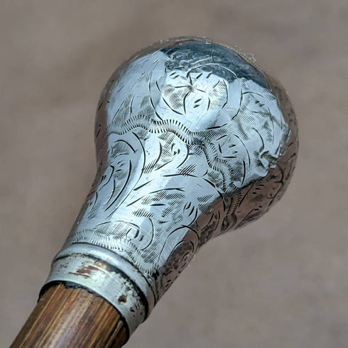 1919 British antique ladies walking stick, sterling silver, round handle, 82cm