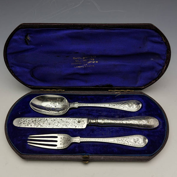 Around 1870 British Antique Sterling Silver Crisling Cutlery Set in Box MAPPIN BROTHERS