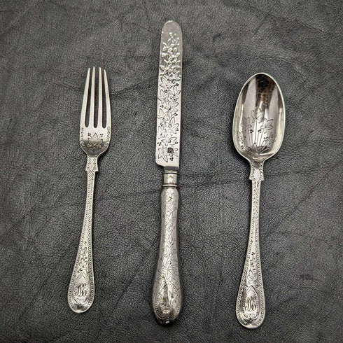 Around 1870 British Antique Sterling Silver Crisling Cutlery Set in Box MAPPIN BROTHERS