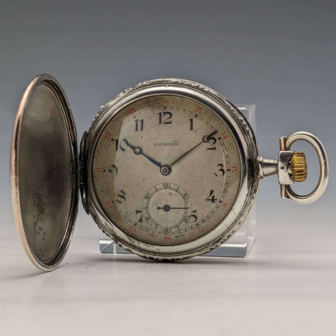 1925年頃 ヴィンテージ ロンジン 懐中時計 馬彫刻 銀側ハンターケース 動作良好