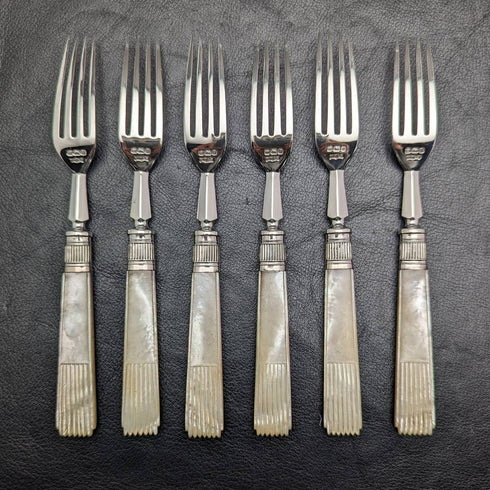 1907年 英国アンティーク 白蝶貝ハンドル 純銀ブレード カトラリー6ペアセット 木箱入り