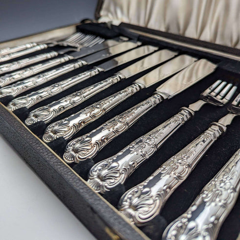 1934年 英国ヴィンテージ クイーンズパターン 純銀ハンドル カトラリー6ペアセット 箱入り