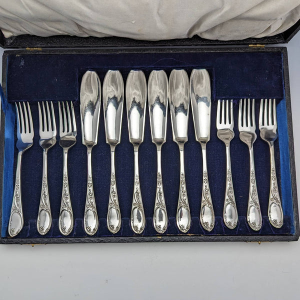Around 1920 British antique silver plate fish cutlery 6 pair set boxed