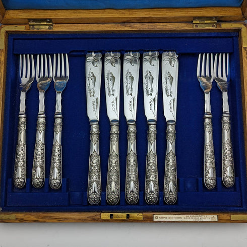Around 1860 British antique silver plate fish cutlery 5 pair set in wooden box
