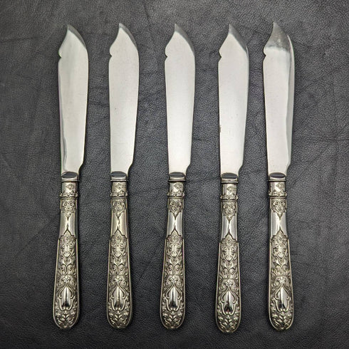 Around 1860 British antique silver plate fish cutlery 5 pair set in wooden box