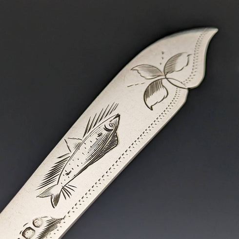 Around 1860 British antique silver plate fish cutlery 5 pair set in wooden box