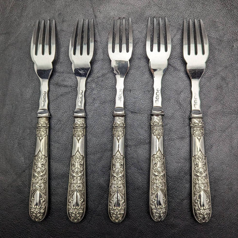 Around 1860 British antique silver plate fish cutlery 5 pair set in wooden box