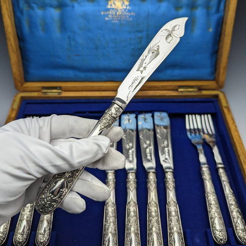 1860年頃 英国アンティーク シルバープレート製 フィッシュカトラリー 5ペアセット 木箱入り